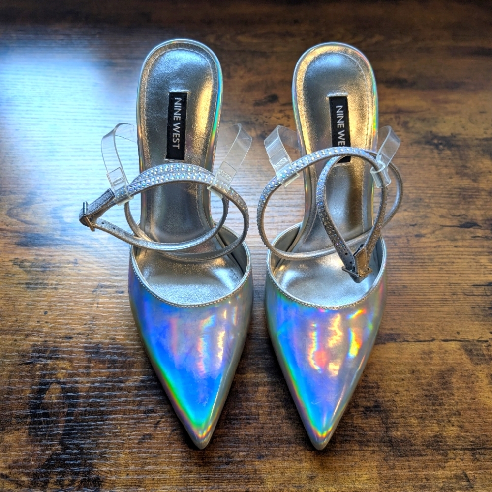 Nine West Iridescent Silver Pointed Toe Heels with Rhinestone Straps